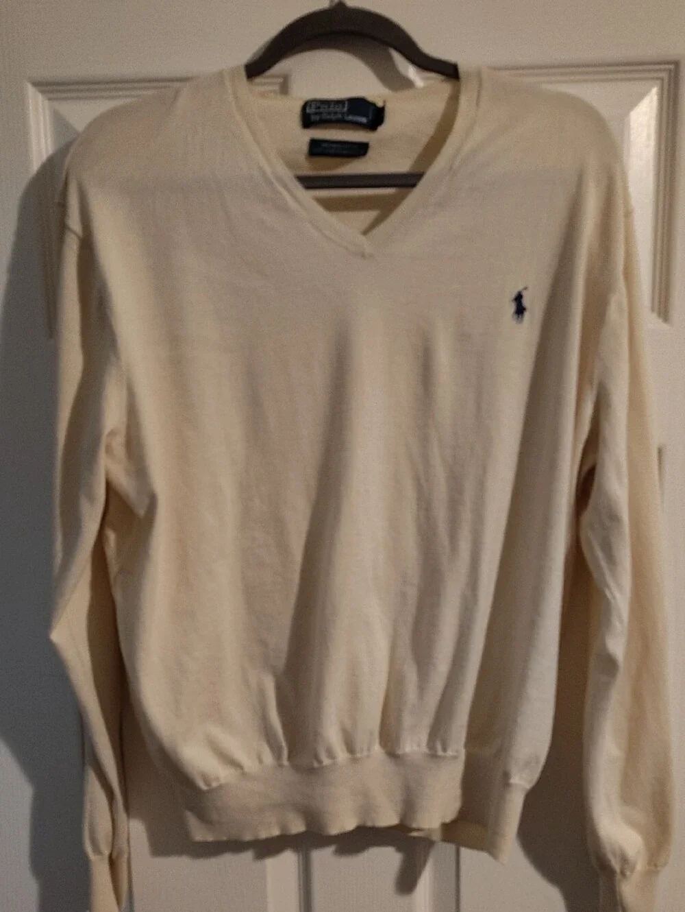 🆕Polo by Ralph Lauren Young Men's V-Neck Sweater in Cream with Navy Pony Sz XL
